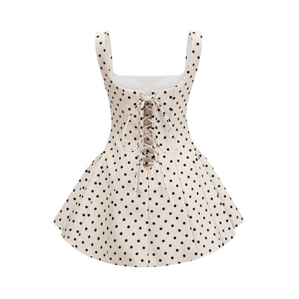 Laila Mini Dress in Neutrals Polka Dot Square Neck Design Terylene Rayon Blend Puff Skirt Lace-Up Fastening