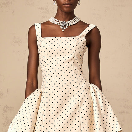Laila Polka Dot Mini Dress Neutrals Square Neck Wide Straps Puff Skirt Lace-Up Fastening