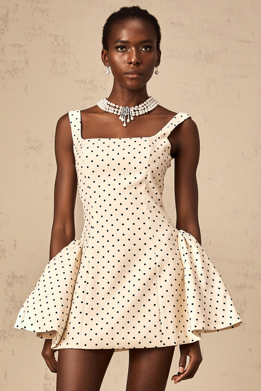 Laila Polka Dot Mini Dress Neutrals Square Neck Wide Straps Puff Skirt Lace-Up Fastening