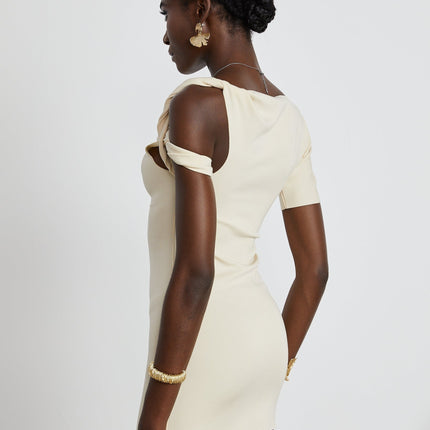 Laila Mini Dress in Neutrals stretch-jersey with twisted straps and raw-cut edges