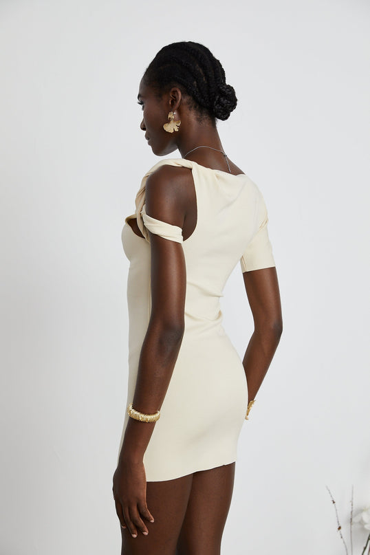 Laila Mini Dress in Neutrals stretch-jersey with twisted straps and raw-cut edges