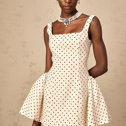 Laila Mini Dress Neutrals Polka Dot Square Neck Terylene Rayon Puff Skirt Lace Up Fastening