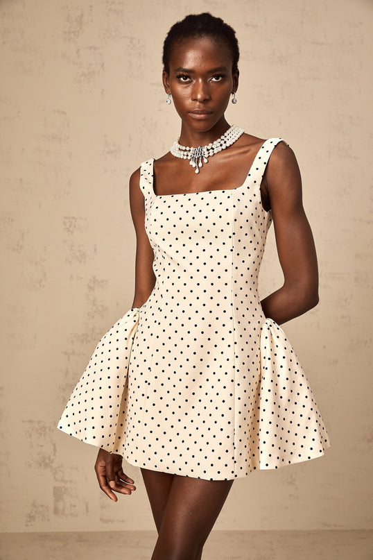 Laila Mini Dress Neutrals Polka Dot Square Neck Terylene Rayon Puff Skirt Lace Up Fastening