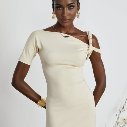 Laila Mini Dress Neutrals Asymmetrical Stretch Jersey Short Sleeve Twisted Straps Raw-Cut Edges Viscose Polyester Spandex Elegance
