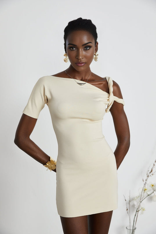Laila Mini Dress Neutrals Asymmetrical Stretch Jersey Short Sleeve Twisted Straps Raw-Cut Edges Viscose Polyester Spandex Elegance