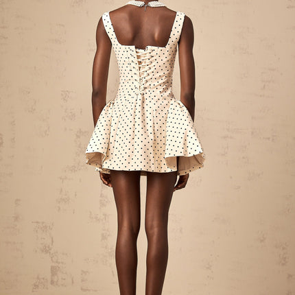 Laila Polka Dot Mini Dress Neutrals Square Neck Wide Straps Puff Skirt Lace-Up Fastening