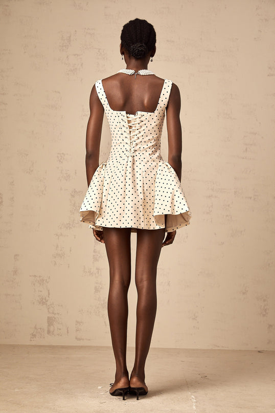 Laila Polka Dot Mini Dress Neutrals Square Neck Wide Straps Puff Skirt Lace-Up Fastening