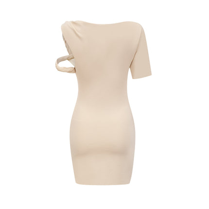 Laila Mini Dress in Neutrals asymmetrical stretch-jersey short sleeve twisted straps raw-cut edges luxurious fabric blend versatility elegance