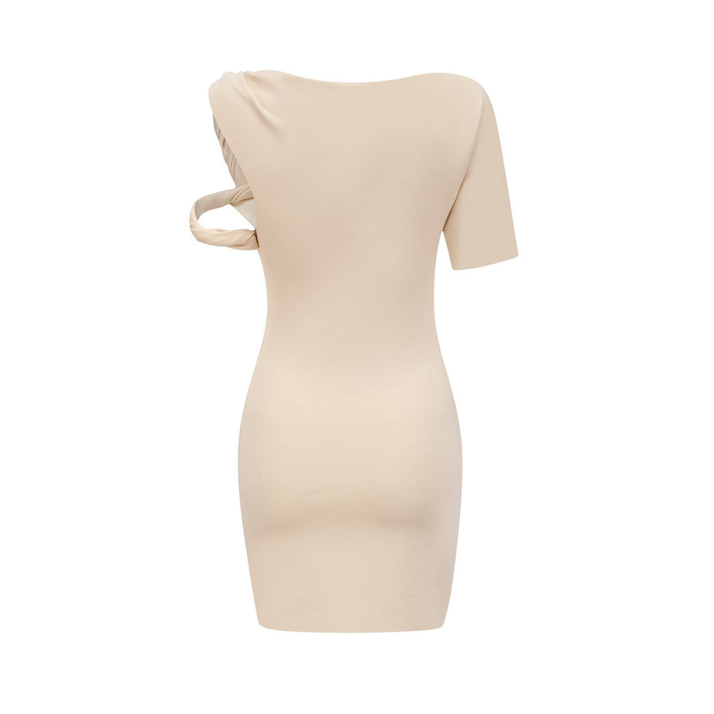 Laila Mini Dress in Neutrals asymmetrical stretch-jersey short sleeve twisted straps raw-cut edges luxurious fabric blend versatility elegance
