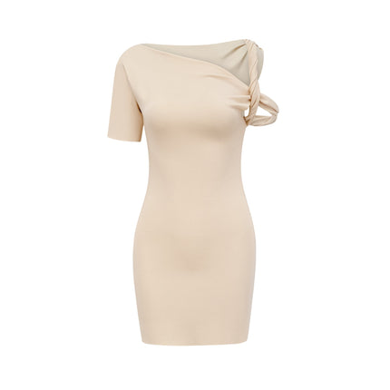 Laila Mini Dress in Neutrals luxurious fabric blend asymmetrical design stretch-jersey single short sleeve twisted straps raw-cut edges composition 65% Viscose 30% Polyester 5% Spandex
