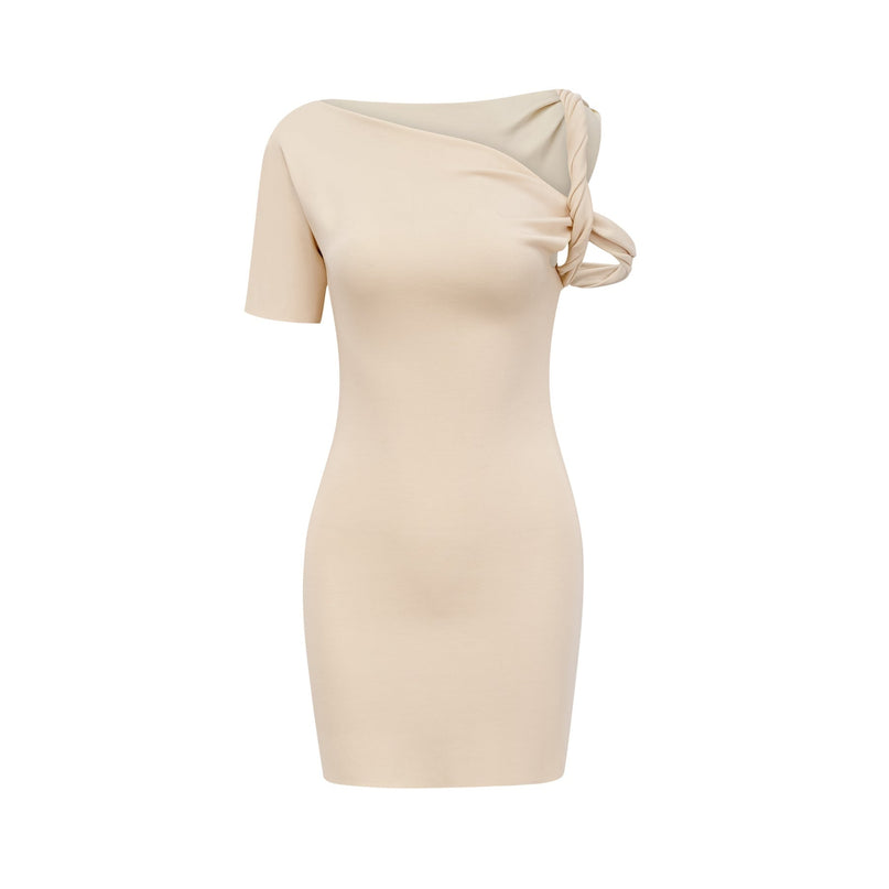Laila Mini Dress in Neutrals luxurious fabric blend asymmetrical design stretch-jersey single short sleeve twisted straps raw-cut edges composition 65% Viscose 30% Polyester 5% Spandex