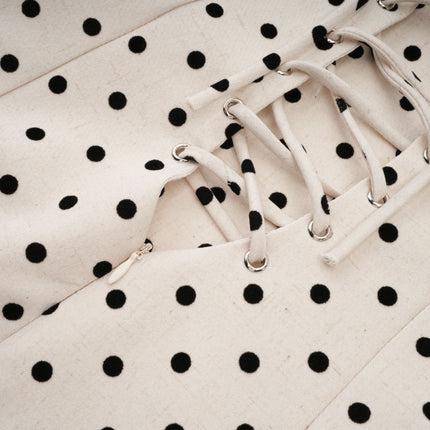 Laila Neutrals Polka Dot Mini Dress Square Neck Wide Straps Puff Skirt Lace-Up Fastening