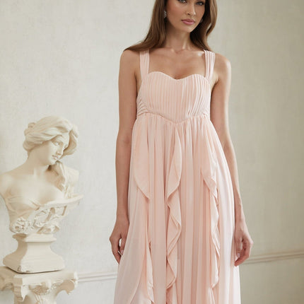 Laila Pink Maxi Dress Sweetheart Neckline Ruffled Detailing Wide Straps Boned Bodice Self-tie Side Slits Ruched Detailing Side Clasp Zip Fastening Maxi Length Terylene Fiber