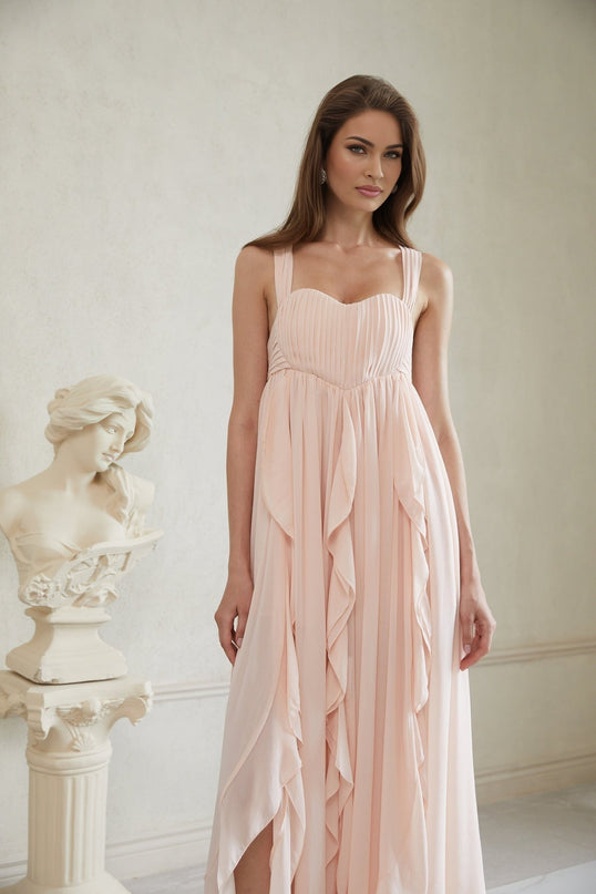 Laila Pink Maxi Dress Sweetheart Neckline Ruffled Detailing Wide Straps Boned Bodice Self-tie Side Slits Ruched Detailing Side Clasp Zip Fastening Maxi Length Terylene Fiber