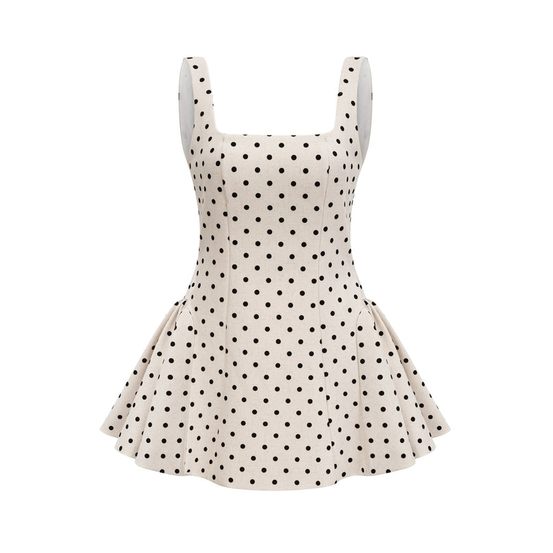 Laila Polka Dot Mini Dress Neutrals Square Neck Wide Straps Puff Skirt Lace-Up Fastening