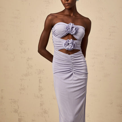 Laila Purple 3D-Petal Corset Maxi Dress Lavender Off-Shoulder Sleeveless Elegant Design