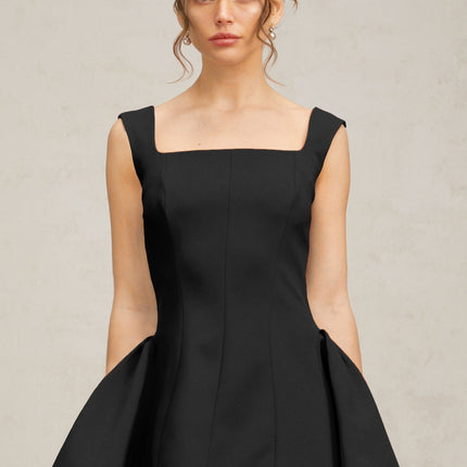 Lainey Black Mini Dress Square Neckline Sleeveless Open Back High-Waisted Puffed Detailing Rear Zip Fastening Luxurious Blend Nylon Polyester Elastane
