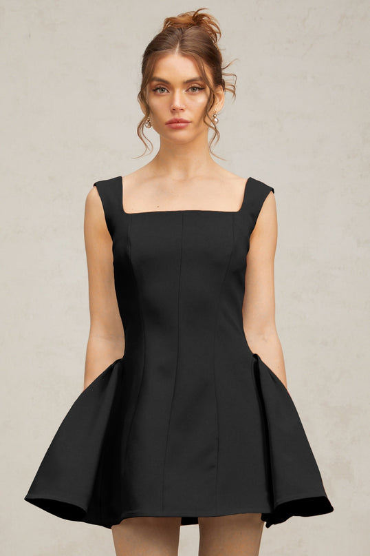 Lainey Black Mini Dress Square Neckline Sleeveless Open Back High-Waisted Puffed Detailing Rear Zip Fastening Luxurious Blend Nylon Polyester Elastane