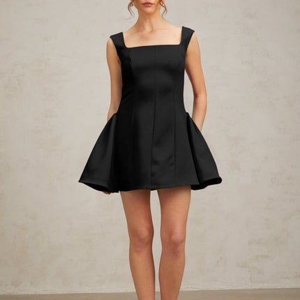 Lainey Black Square Neck Mini Dress with Open Back and Puffed Detailing