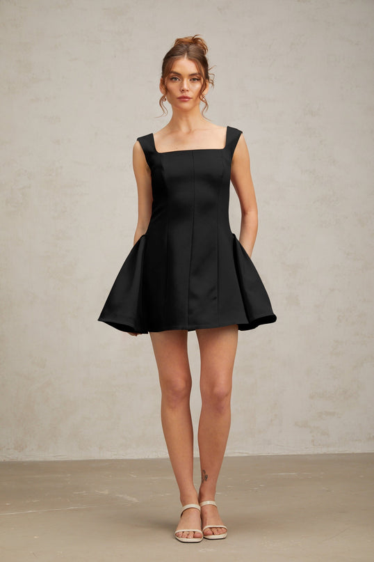 Lainey Black Square Neck Mini Dress with Open Back and Puffed Detailing