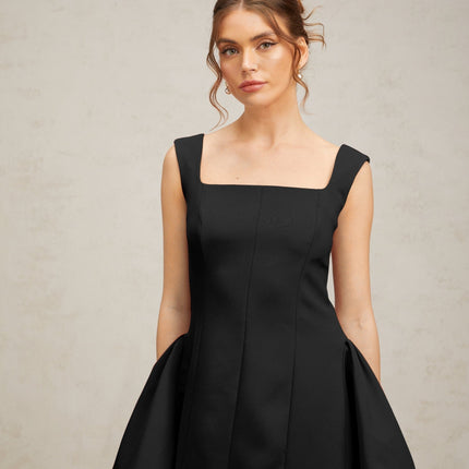 Lainey Black Mini Dress Square Neckline Sleeveless Open Back High-Waisted Puffed Detailing Rear Zip Fastening Luxurious Blend