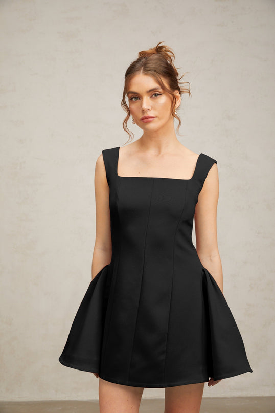 Lainey Black Mini Dress Square Neckline Sleeveless Open Back High-Waisted Puffed Detailing Rear Zip Fastening Luxurious Blend