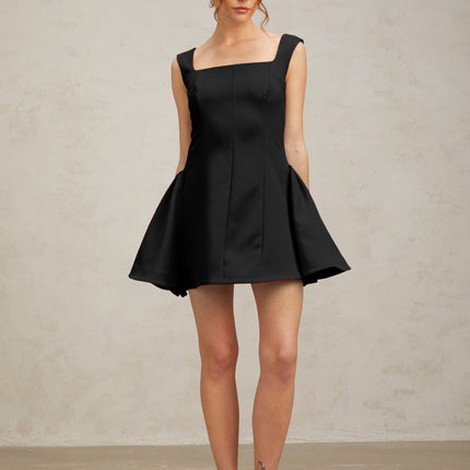 Lainey Black Square Neckline Sleeveless Mini Dress with Open Back and Puffed Detailing