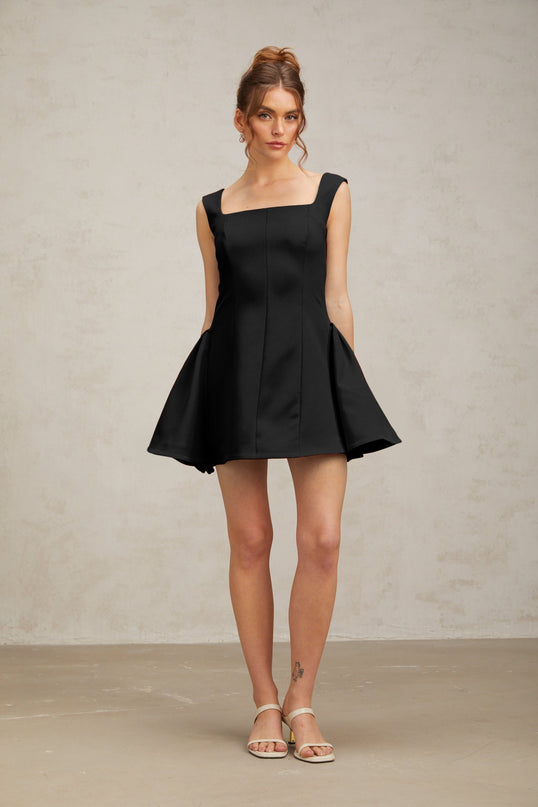 Lainey Black Square Neckline Sleeveless Mini Dress with Open Back and Puffed Detailing