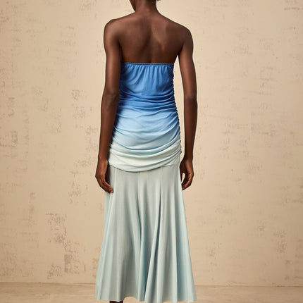 Lana Blue Gradient Mesh Midi Dress with Sweetheart Neckline and Ruched Detailing