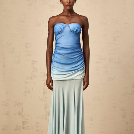 Lana Blue Gradient Mesh Midi Dress with Sweetheart Neckline and Bodycon Silhouette