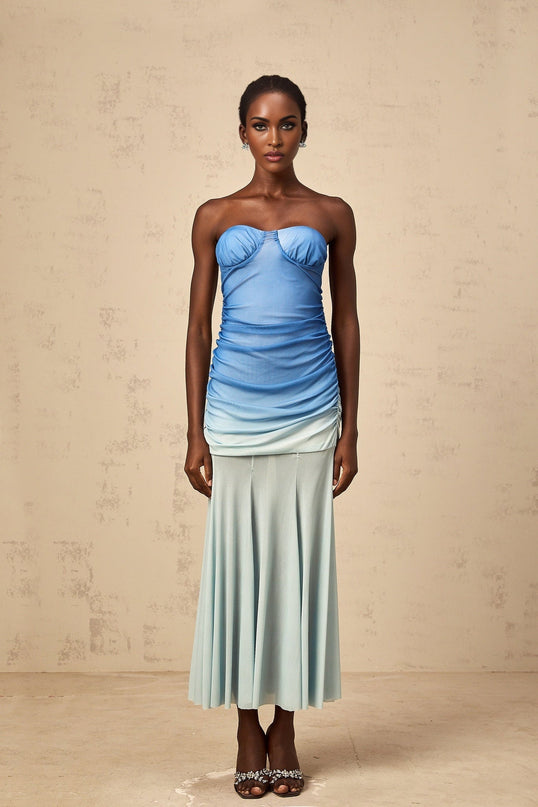 Lana Blue Gradient Mesh Midi Dress with Sweetheart Neckline and Bodycon Silhouette