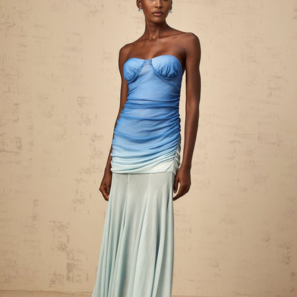 Lana Blue Gradient Mesh Midi Dress Bodycon Smocked Ruched Sweetheart Bustier