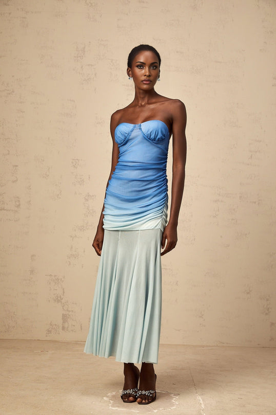 Lana Blue Gradient Mesh Midi Dress Bodycon Smocked Ruched Sweetheart Bustier