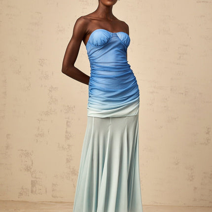 Lana Blue Gradient Mesh Midi Dress with Sweetheart Neckline and Ruched Detailing