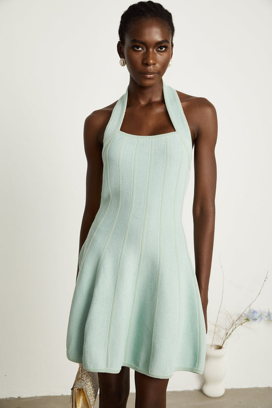 Lana Light Green Knitted Halter Neck Flared Mini Dress