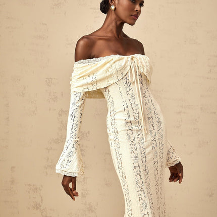 Lana Maxi Dress in Neutrals Floral Lace Train Off-the-Shoulder Flared Cuffs Cut-Out Detailing Rear Zip Fastening 60% Cotton 35% Terylene 5% Spandex