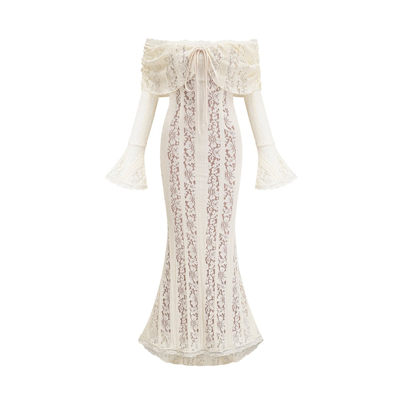Lana Maxi Dress in Neutrals floral lace off-the-shoulder silhouette train design flared cuffs cut-out detailing rear zip fastening luxurious blend Cotton Terylene Spandex
