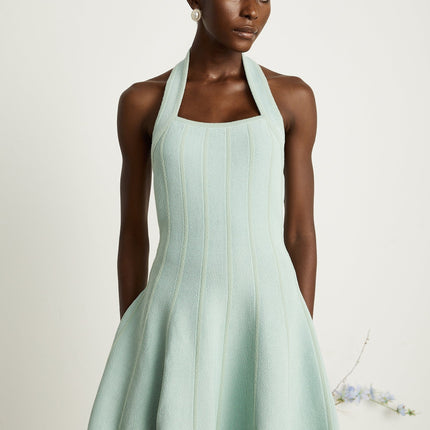 Lana Mini Dress Light Green Knitted Halter Neck Flared Skirt Sleeveless Panelled Thigh Length Viscose Polyamide