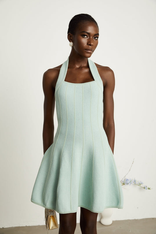 Lana Mini Dress Light Green Knitted Halter Neck Flared Skirt Sleeveless Panelled Thigh Length Viscose Polyamide
