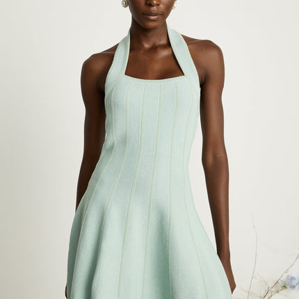Lana Mini Dress Light Green Knitted Halter Neck Flared Skirt Sleeveless Elegant Thigh Length Viscose Polyamide