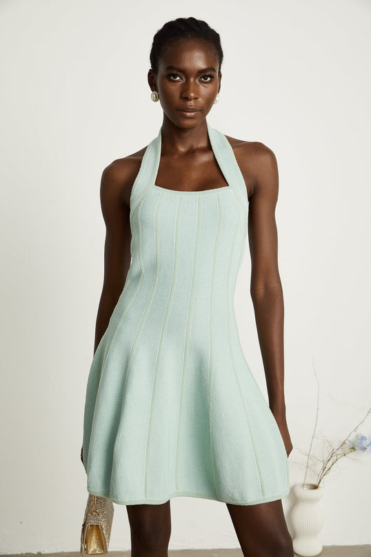 Lana Mini Dress Light Green Knitted Halter Neck Flared Skirt Sleeveless Elegant Thigh Length Viscose Polyamide
