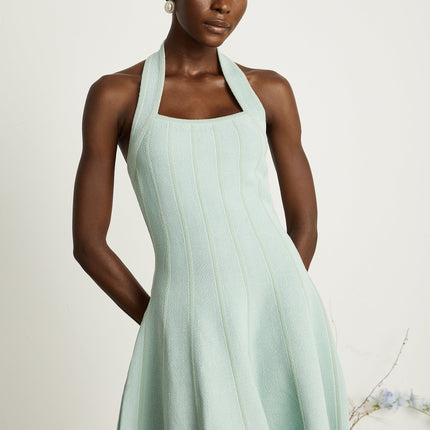 Lana Mini Dress Light Green Knitted Halter Neck Flared Skirt Panelled Sleeveless Thigh Length Viscose Polyamide Elegant Chic Versatile Rear Zip