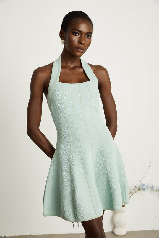 Lana Mini Dress Light Green Knitted Halter Neck Flared Skirt Panelled Sleeveless Thigh Length Viscose Polyamide Elegant Chic Versatile Rear Zip
