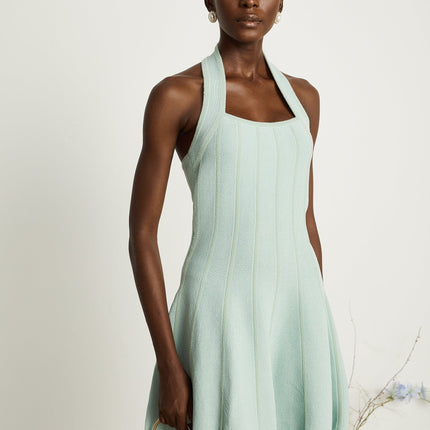 Lana Mini Dress Light Green Knitted Halter Neck Flared Skirt Sleeveless Panelled Thigh Length Viscose Polyamide