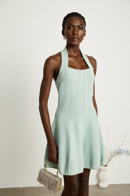 Lana Mini Dress Light Green Knitted Halter Neck Flared Skirt Sleeveless Panelled Thigh Length Viscose Polyamide