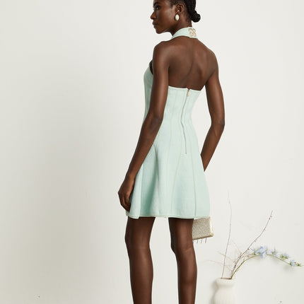 Lana Mini Dress Light Green Knitted Halter Neck Flared Skirt Sleeveless Panelled Thigh Length Viscose Polyamide