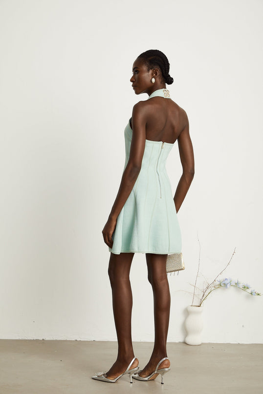 Lana Mini Dress Light Green Knitted Halter Neck Flared Skirt Sleeveless Panelled Thigh Length Viscose Polyamide