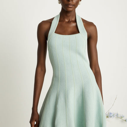 Lana Mini Dress Light Green Knitted Halter Neck Flared Skirt Sleeveless Panelled Textured Elegant