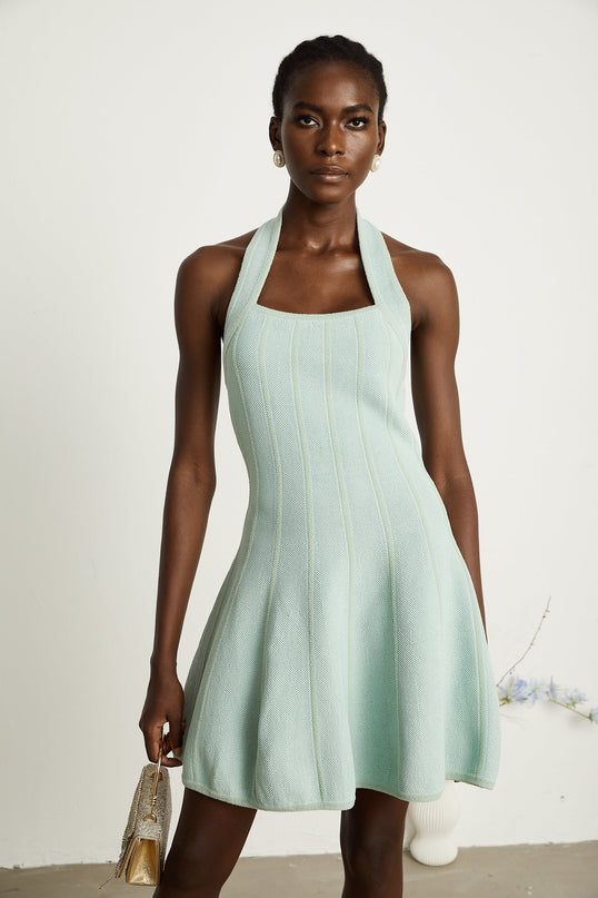 Lana Mini Dress Light Green Knitted Halter Neck Flared Skirt Sleeveless Panelled Textured Elegant