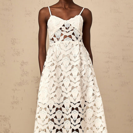 Lana White Guipure Lace Midi Dress with Cutout Detailing